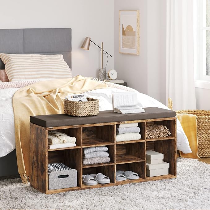 DINZI LVJ Shoe Storage Bench with Cushion, Cubby Shoe Rack with 12 Cubbies, Adjustable Shelves, Multifunctional Shoe Organizer Bench for Entryway, Mudroom, Hallway, Closet and Garage, Rustic Brown - Image 6