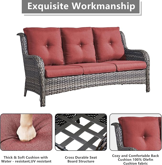 Rilyson Wicker Patio Furniture Sofa Set - 7 Piece Rattan Outdoor Patio Sectional Conversation Sets with 2 Sofa,2 Armrest Chairs,1 Coffee Table and 2 Ottomans for Porch Deck Garden(Mixed Grey/Red)