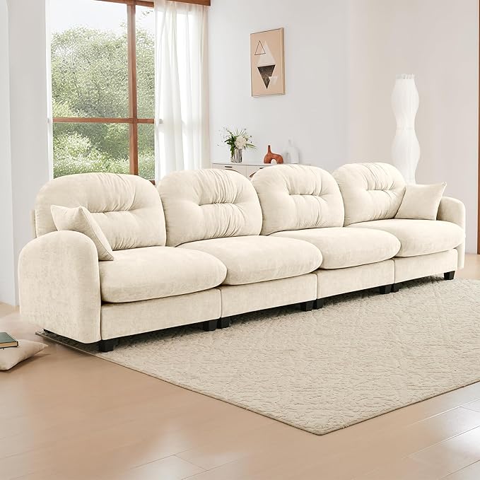 KEIKI 140" Oversized Chenille Modular Sectional Sofa with High-Density Foam Cushion and Tufted Pleated Cushion Backrest, Upholstered Modern 4-Seater Cloud Couch with 2 Pillow, for Living Room, Beige