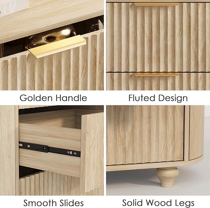 31.5" W Oval Fluted Nightstand with LED Lights & Charging Station, Modern Night Stand with 3 Sliding Drawers & 2 Side Storage, Large Bedside Table, Wood End Side Table for Bedroom (Oak) - Image 7