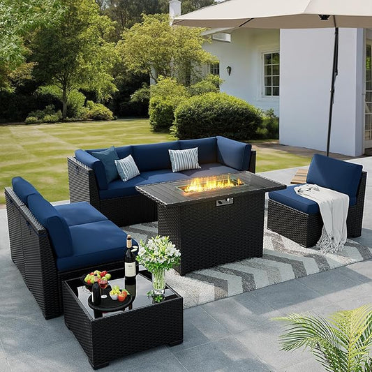 8 Pieces Outdoor Patio Furniture Set with 44" Fire Pit Table Black Rattan Sectional Conversation Sets w/Gas Fire Pit, Coffee Table, 1 Waterproof Covers, Navy Blue
