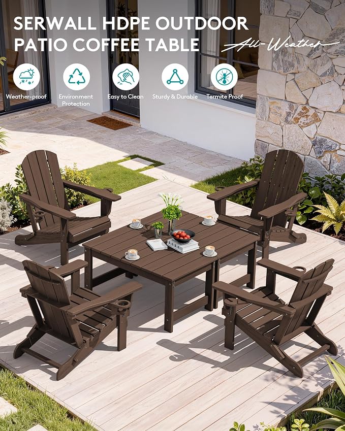 SERWALL Outdoor Coffee Table with 1.69" Umbrella Hole, HDPE Patio Coffee Table for Outside, Rectangle, Coffee - Image 9