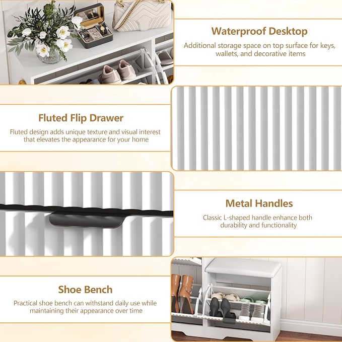HUANLEGO Shoe Cabinet Storage for Entryway with 4 Flip Drawers, White Fluted Shoe Cabinet with Bench, Wooden Hidden Shoe Rack Freestanding Narrow Slim Shoes Storage Organizer for Hallway, Entrance - Image 5