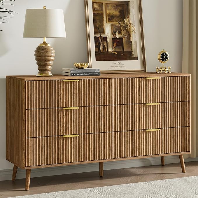 LYNSOM Fluted Dresser and Nightstand Sets 4 Piece, 2-Drawer Nightstands and 5/6 Drawers Dresser, Wood Bedroom Furniture Set for Home, Bedroom, Hallway, Walnut