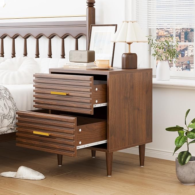 Alohappy Nightstand, Mid Century Modern Night Stands, Fluted Bedside Table for Bedroom, End Table with Storage Drawers, Vintage Bed Side Table Wood Accent Table for Living Room, Brown 1pc - Image 8