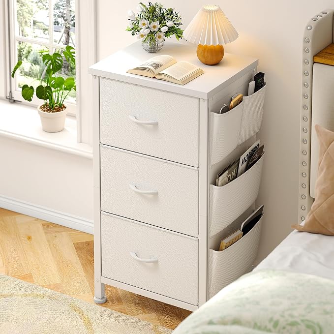 EnHomee Night Stand Set 2, Night Stand with Drawers for Bedroom, Bedside Table with Wooden Top, Sturdy Steel Frame End Table, Dorm Nightstand for Bedroom, Entryway, Hallway, Closet, Cloth Bags,White - Image 2