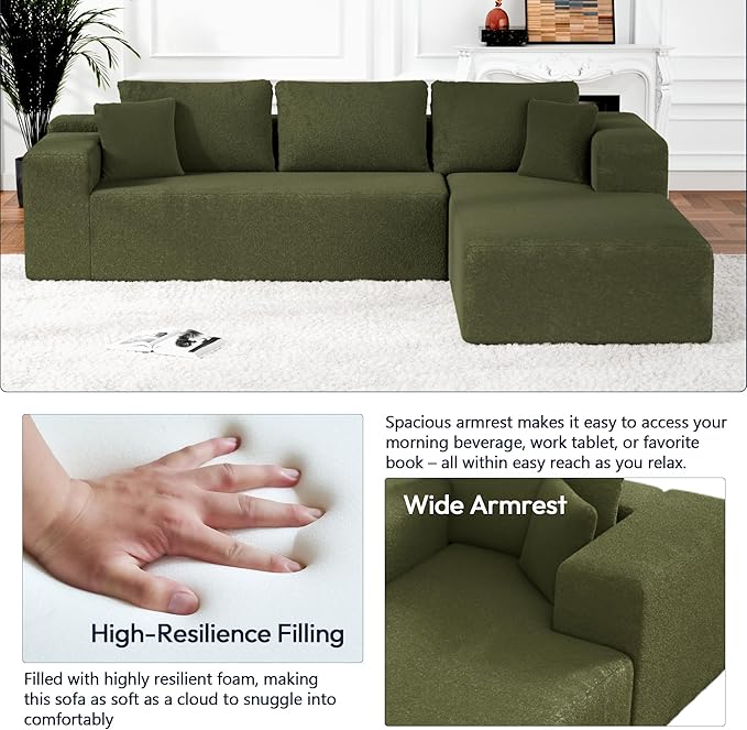 Cloud Sectional Couch, 105" Modular Sectional Sofa with Right Chaise Lounge, Modern Modular L-Shape Sofa with Pillows & Deep Seat, Wool Fabric Boneless Couches for Living Room Bedroom, Green