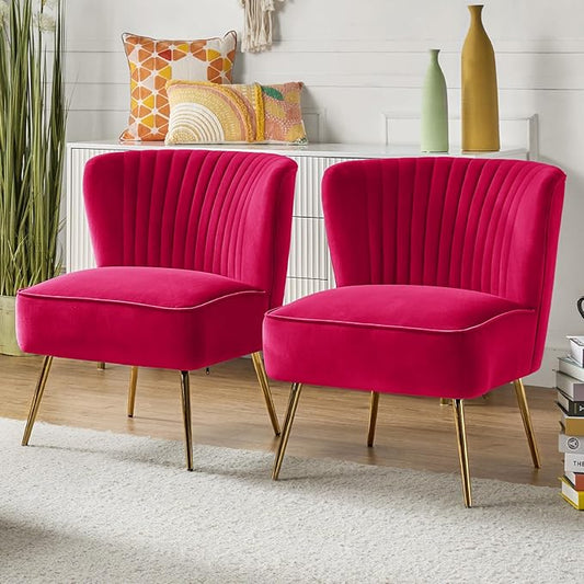 HULALA Home Velvet Accent Chair Set of 2, Modern Armless Upholstered Side Chair with Glam Gold Metal Legs for Vanity Living Room Bedroom - Fuchsia