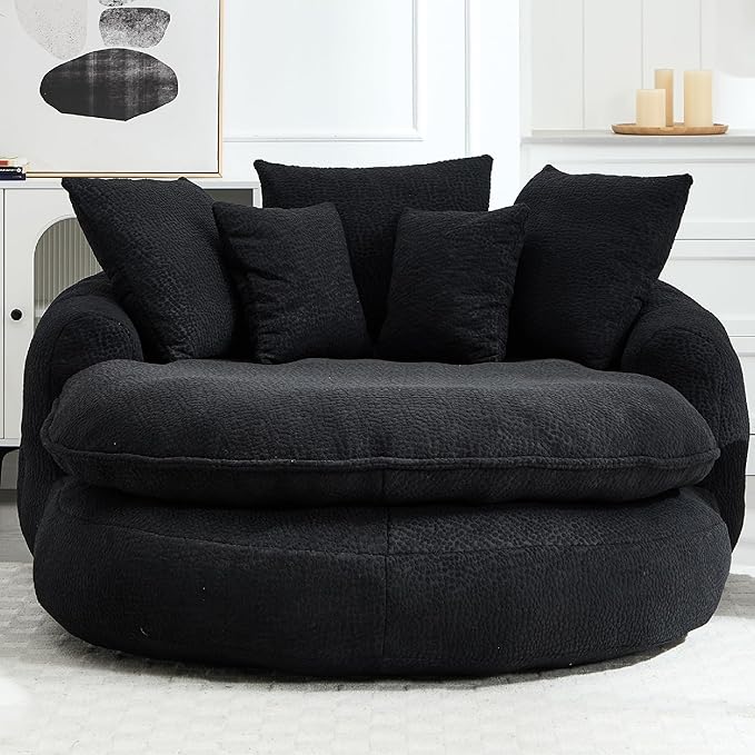 KEIKI 71" Chenille Round Boneless Sofa Couch, Oversized Chaise Lounge Chair Couches Indoor, No Assembly Required Floor Lazy Bean Bag, Modern Sleeper Sofa Bed for Living Guest Room & Bedroom, Black