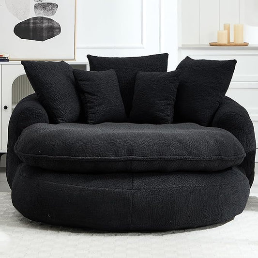 KEIKI 71" Chenille Round Boneless Sofa Couch, Oversized Chaise Lounge Chair Couches Indoor, No Assembly Required Floor Lazy Bean Bag, Modern Sleeper Sofa Bed for Living Guest Room & Bedroom, Black