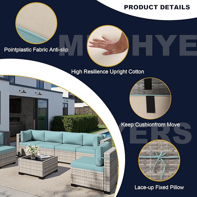 15-Piece Outdoor Patio Furniture Set with 55,000 BTU Fire Pit Table, PE Wicker Rattan Sectional Sofa Conversation Set - All-Weather Garden, Backyard Furniture, Light Blue