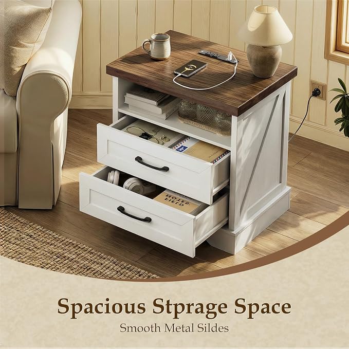 AODK 24 Inch Farmhouse Nightstand Set of 2, Bedside Tables with Charging Station, Wood End Tables with 2 Drawers and Open Shelf, Rustic Bed Side Table for Bedroom & Living Room, White & Dark Walnut - Image 4
