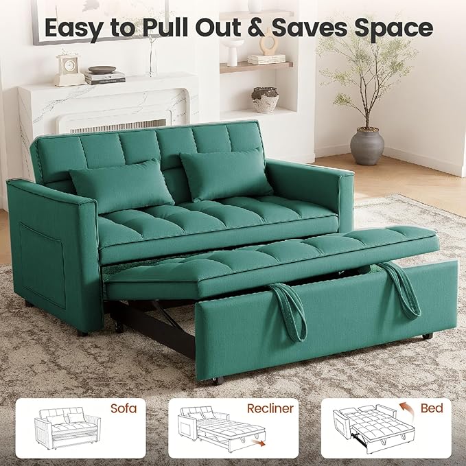 Convertible Sofa Bed, Pull Out Couch with Side Pockets, 3 in 1 Velvet Fabric Loveseat Sleeper Sofa Bed, Pull Out Couch with Adjustable Backrest for Living Room, Bedroom, Apartment, Green