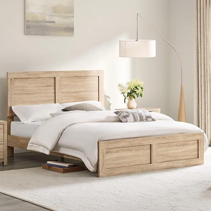 KISLOT 3 Pieces Bedroom Set, Queen Size Wood Platform Bed Frame and 2 Nightstands, Storage Nightstand with Type-C Charging Port, Farmhouse Bedroom Furniture Set