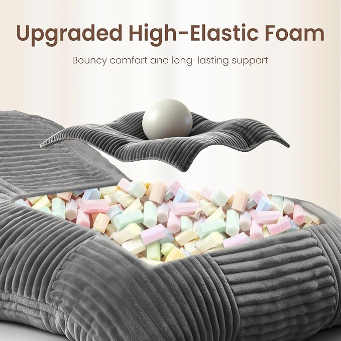 HOMRELEXA Giant Bean Bag Chair, 3-in-1 Convertible Bean Bag Floor Cushion with Washable Cover,Beanbag Chairs for Adult, Living Room, Bedroom, Grey