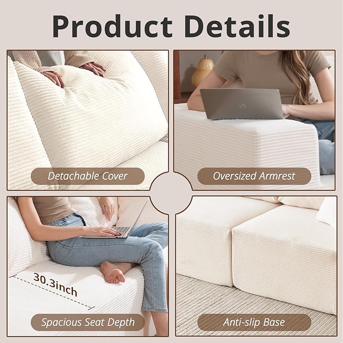 108" L-Shaped Boneless Couch, High Seat Modular Sectional Sofa with Moveable Ottoman, Corduroy Cloud Couches for Living Room, No Assembly, Ship in a Box, White