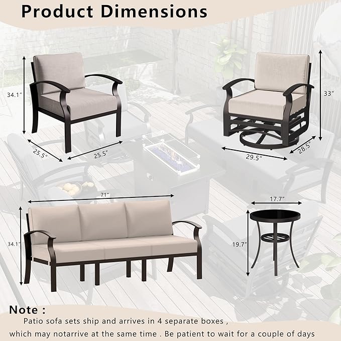 Patio Furniture Set 6-Piece Aluminum Armrest Sofa, All-Weather Patio Conversation Set with Tempered Glass Top Table & Removable Sponge Cushions for Backyard Poolside-Sand