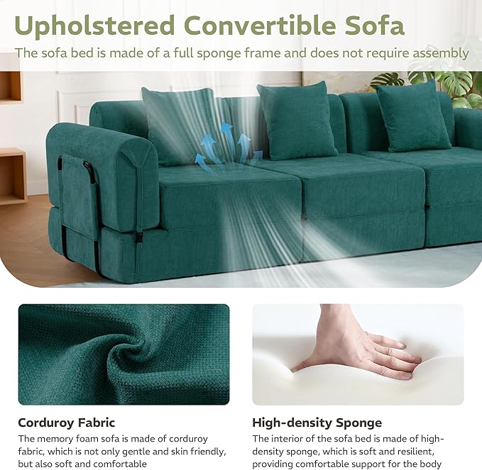 100" Convertible Sleeper Sofa Bed, Oversized Modular Sectional Cloud Sofa with Fixed-Shape Frame & Tabletop, Boneless Couch with Storage Pocket for Living Room, No Assembly Required, Green