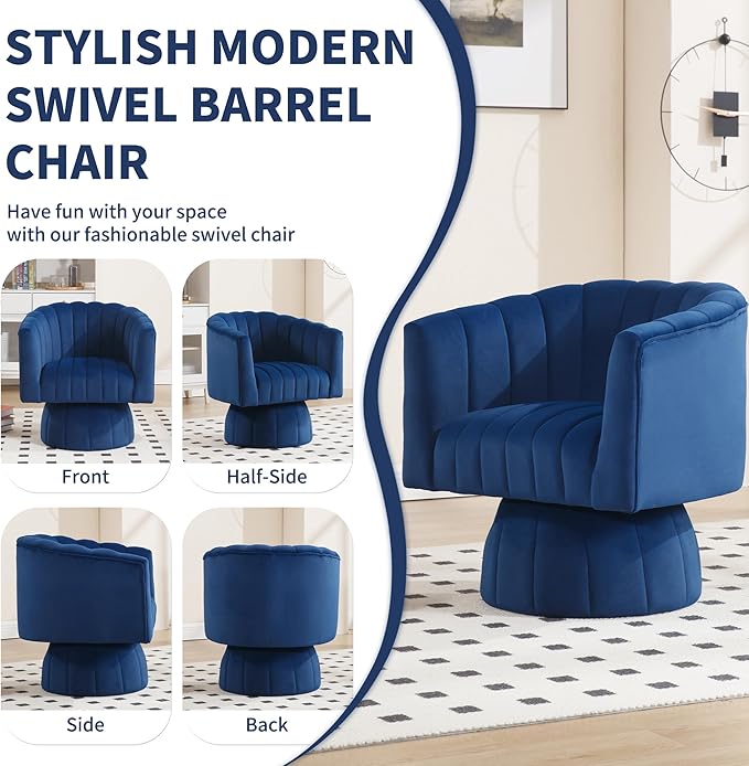 Swivel Accent Barrel Chair - Cute Comfy Small Round 360° Arm Chair Velvet Sofa Club Reading Chair for Living Room Bedroom Office Dark Blue