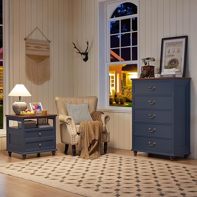 Joaxswe 24" Wide Farmhouse Nightstand with Charging Station Set of 2,54" 7 Drawers Dresser, 45" Tall Rustic Chests of 5 Drawers, Farmhouse Furniture Series for Bedroom,DarkBlue