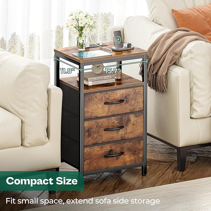Huuger Nightstand with Charging Station, 27.6 Inch Bedside Table with Fabric Drawers, End Table with USB Ports and Outlets, Night Stand for Bedroom, Rustic Brown - Image 6