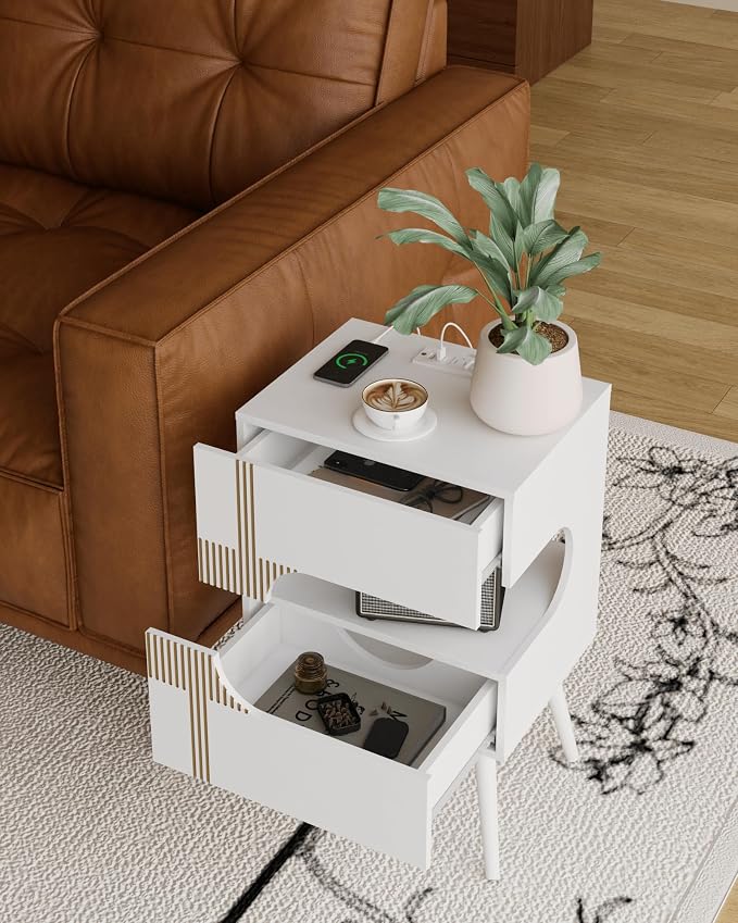 JOONEE White Nightstand with Charging Station and LED Lights,Modern Bedside Table with 2 Storage Drawer,Night Stand with Solid Wood Legs,White (White-2) - Image 7
