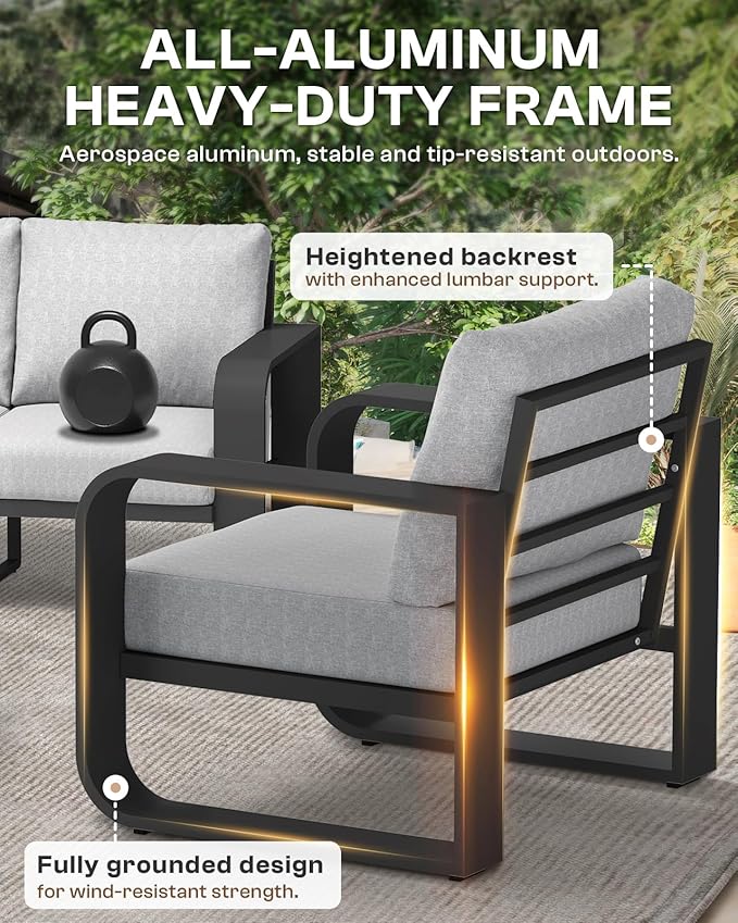 Aluminum Outdoor Patio Furniture Set, 5 Piece Oversized Patio Conversation Sets Widened Armrest & Ultra-Thick Cushions, Heavy Duty Modern Sectional Furniture for Backyard, Porch, Gray