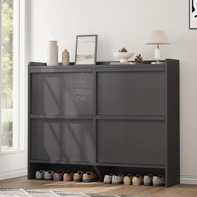 GarveeHome Shoe Cabinet with 4 Flip Drawers, Wooden Shoe Organizer Cabinet with Adjustable Shelf, Shoe Storage for Entryway, Hidden Shoe Cabinet for Hallway, Living Room, Black by GarveeHome