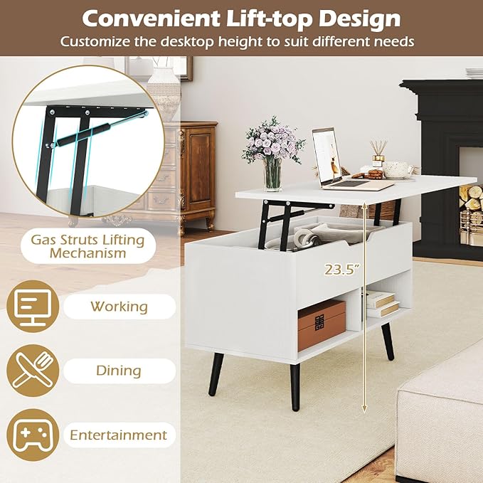 Giantex Lift Top Coffee Table, Modern Cocktail Table w/Hidden Compartment & 2 Open Shelves, Flip Top Center Table, Wooden Pull up Coffee Table for Living Room, Reception Room, Office (White)