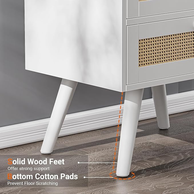 SUPERJARE 2 Drawer Night Stand with Charger Station, Boho Rattan Nightstand Set of 2, 25.2 Inch Tall Bed Side Table with Solid Wood Feet, End Table, Open Storage, Synthetic Rattan, for Dorm, White - Image 8