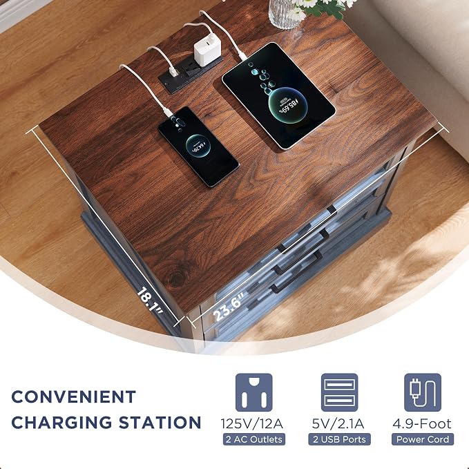 ACCOHOHO Farmhouse Nightstand with Charging Station, 22 Inch Wide End Table with 3 Large Drawers & Bar Handles, Rustic Wood Small Dresser Chest of Drawers for Bedroom, Living Room, Closet, Blue - Image 5
