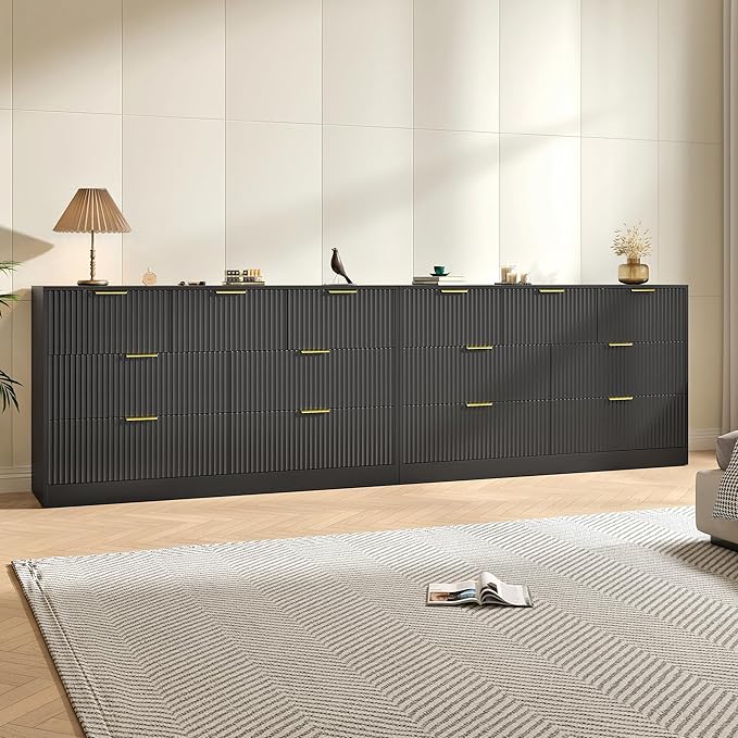 Black Dresser Set of 2, Large Dresser for Bedroom Wooden with 14 Drawers, Fluted Modern Bedroom Furniture Set, TV Stand Dressers & Chests of Drawers for Closet (15.7"D x 110.2"W x 31.8"H)