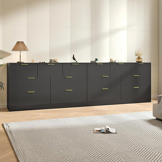 Black Dresser Set of 2, Large Dresser for Bedroom Wooden with 14 Drawers, Fluted Modern Bedroom Furniture Set, TV Stand Dressers & Chests of Drawers for Closet (15.7"D x 110.2"W x 31.8"H)