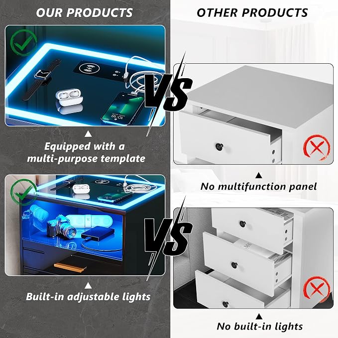 Lvifur LED Nightstand with Wireless Charging Station,3 Color Dimmable Auto Sensor Night Stand for Bedroom Furniture,Touch Screen Bedside Table with USB&Type-C Ports and 3 Drawers - Image 8