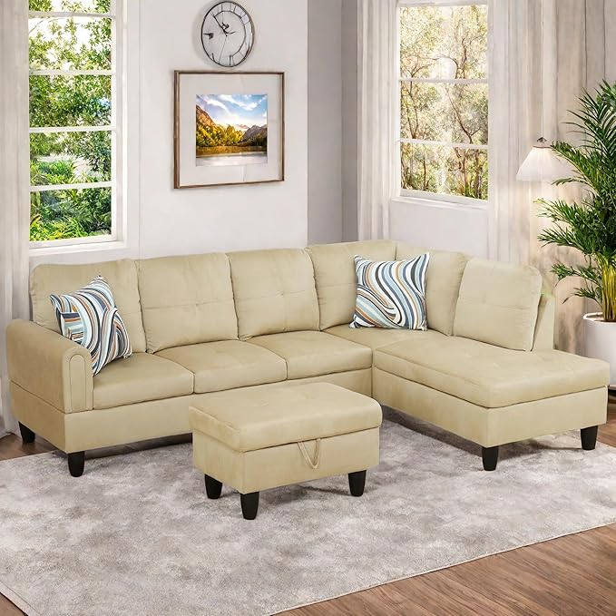 FONTOI Sectional Couch with Otttoman, 97" L Shaped Couch Sectional Sofa for Living Room, Modern Modular Couches with Cup Holders for Bedroom, Apartments, Beige