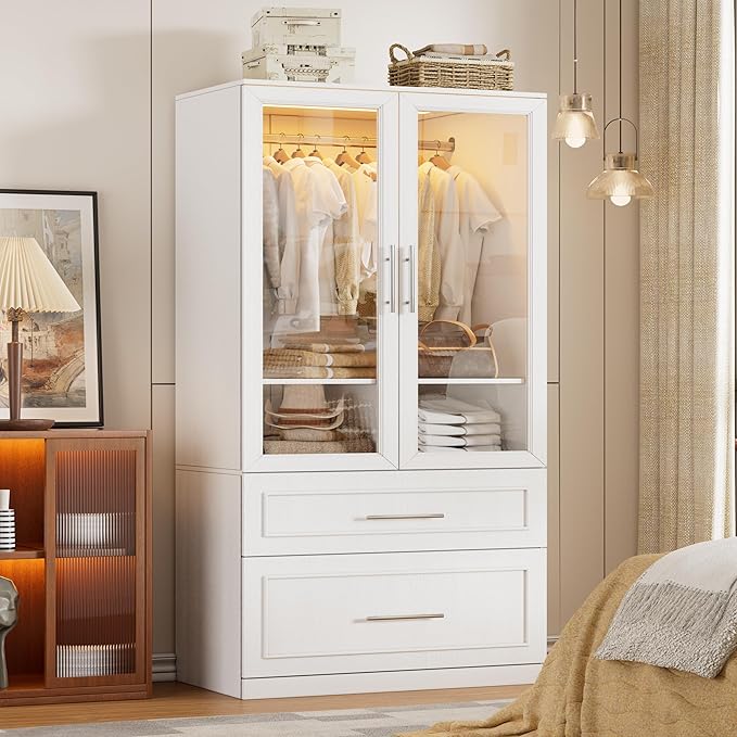 Armoire Wardrobe Closet with Drawers and LED Lights,71" Bedroom Closet Wardrobe Cabinet with 2 Glass Doors & Hanging Rod, Wooden Freestanding Armoire Storage Cabinet for Cloakroom,White