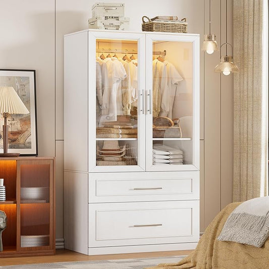 Armoire Wardrobe Closet with Drawers and LED Lights,71" Bedroom Closet Wardrobe Cabinet with 2 Glass Doors & Hanging Rod, Wooden Freestanding Armoire Storage Cabinet for Cloakroom,White