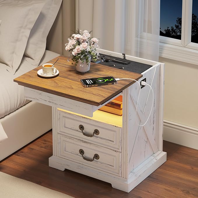 Dystler Night Stand with Gun Drawer, Bedside Table with LED Light & Human Sensor, Nightstand Gun Safe with 2 Drawers for Bedroom, Farmhouse End Table with Charger Station, Antique White - Image 3