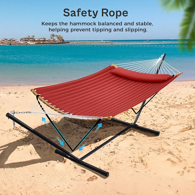 SUPERJARE Hammock with Stand, 2 Person Heavy Duty Hammock with Padded Cotton, Detachable Pillow & Strong Curved-Bar & Portable Carrying Bag, Perfect for Outdoor & Indoor, Red - Image 5