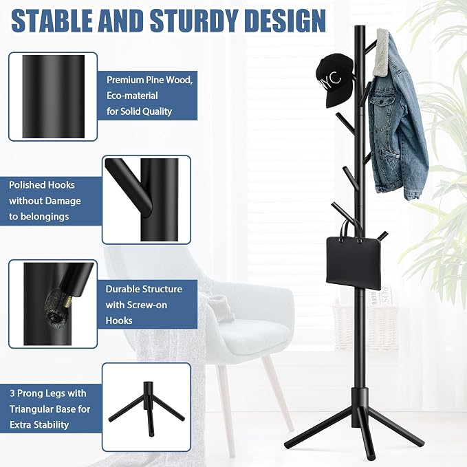 Haddockway Wooden Coat Rack Stand with 8 Hooks New Zealand Pine 3 Adjustable Coat Standing Tree Easy Assembly for Coats, Hats, Scarves and Handbags for Entryway, Hallway, Bedroom, Office - Image 3
