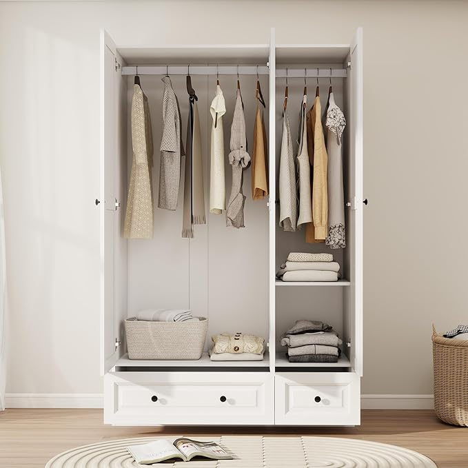 Armoire Wardrobe Closet with Drawer: Bedroom Wardrobe Closet for Hanging Clothes, Wood Cabinet for Clothes with Doors, Armoire with Shelves (White, 47")