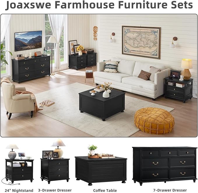 Joaxswe Farmhouse 54" 7 Drawers Dresser for Bedroom, Wide Chest of Drawers w/ 4 Wooden Legs, Vintage Large Closet Storage Dressers Organizer for Hallway, Wood Rustic TV Stand for Living Room, Black - Image 3