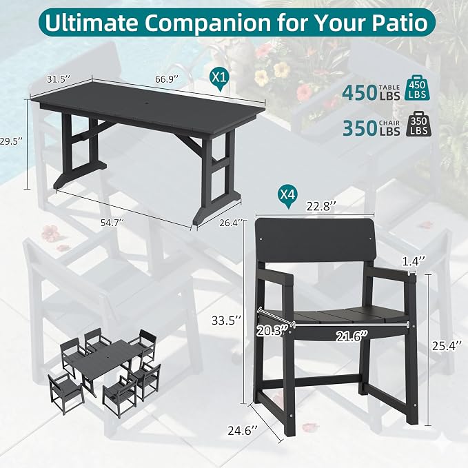 JAMFLY 7 Piece Outdoor Dining Set, All Weather Patio Table and Chairs for Backyard Garden Deck Lawn Pool, Sturdy All Weather Outdoor Furniture Set with Umbrella Hole, Grey - Image 3