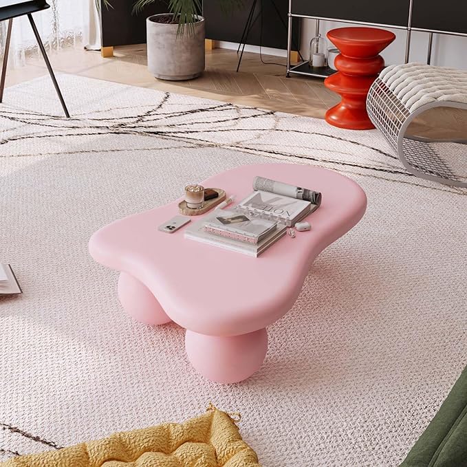 40" Modern Small Coffee Table Cloud Shape Low Center Table Cute Irregular Indoor Tea Table with 3 Ball Legs for Living Room Small Space