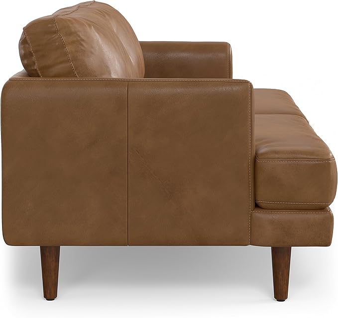 SIMPLIHOME Livingston Sofa - 76 inch Wide Top Grain Genuine Leather Sofa in Caramel Brown, Mid-Century Modern Loveseat for Living Room with Removable Feather-Wrapped Cushions and Solid Wood Frame