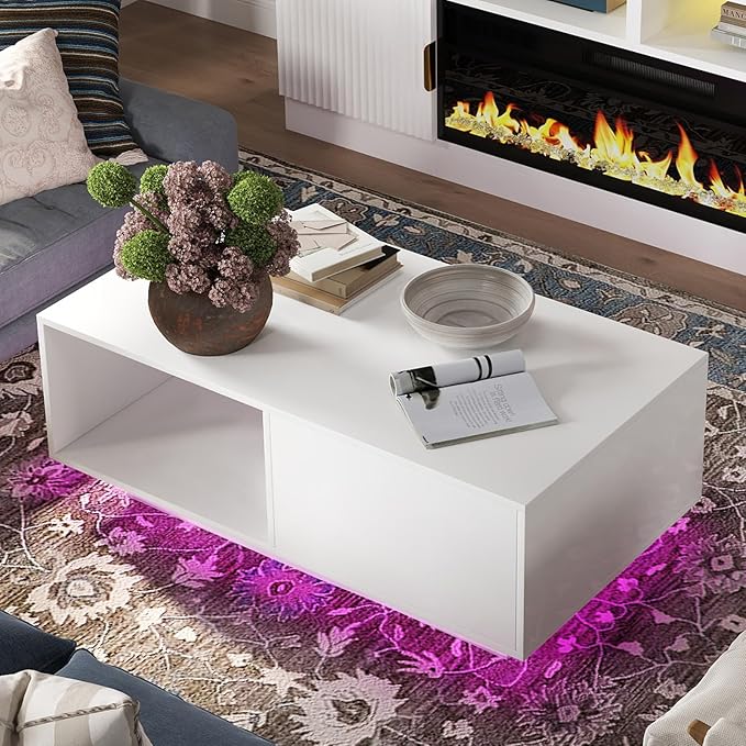 COSVALVE Modern White LED Coffee Tables for Living Room with Drawer & 16-Color LED Lights, Rectangle Living Room Sofa Table with Ample Storage Space(23.6" D x 43.3" W x 15.7" H)