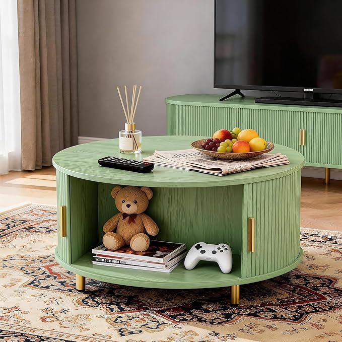 DHH Round Coffee Table, 31.5" Mid Century Modern Coffee Table with 360° Sliding Tambour Door, Fluted Accent Table with Storage Adjustable Footpads for Living Room (Green)