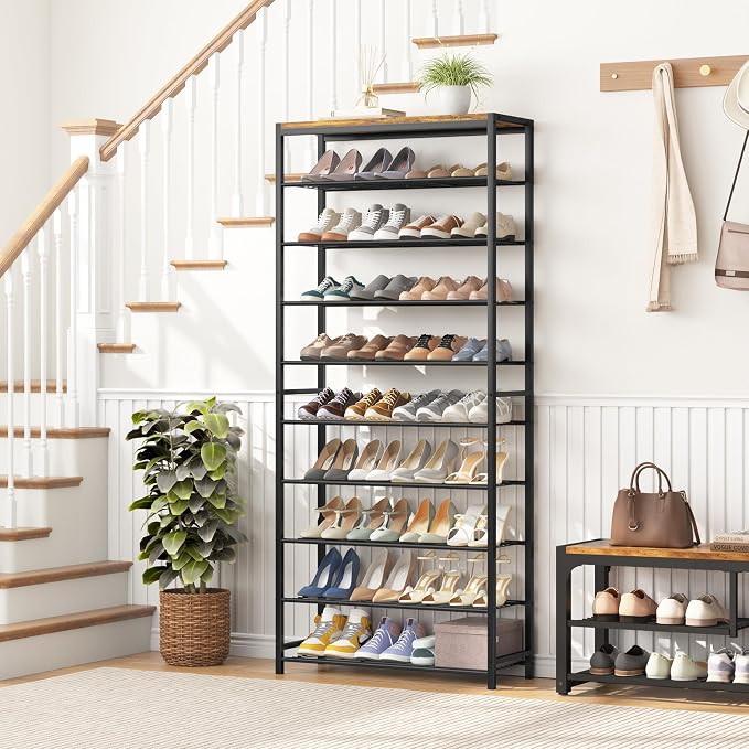 HOMEFORT 10 Tiers Shoe Rack Organizer,30" Shoe Storage Shelf for Closet, Shoe Rack for Entryway,Holds 36-40 Pairs of Shoe, Tall Shoe Stand with Metal Shelves and MDF Top Board,Rustic Brown - Image 2