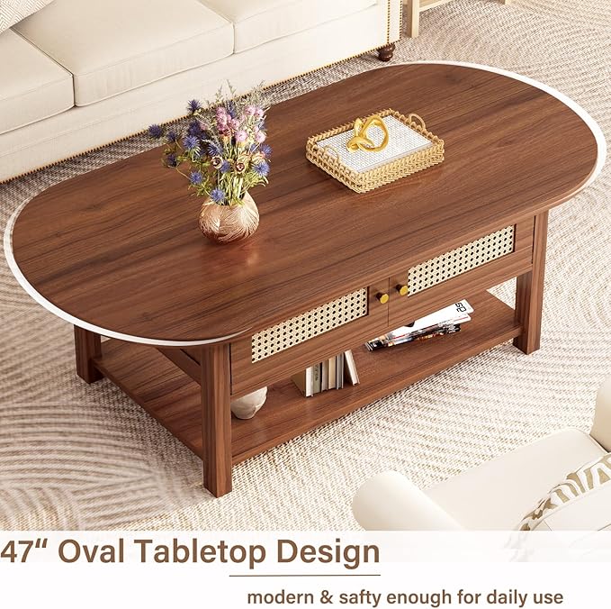 LVB Rattan Coffee Table, Boho Wood Living Room Table with Storage, Oval Modern 2-Tier Cocktail Tea Table with Doors & Open Shelf, Farmhouse Vintage Center Tables for Bedroom Office, Walnut, 47Inch