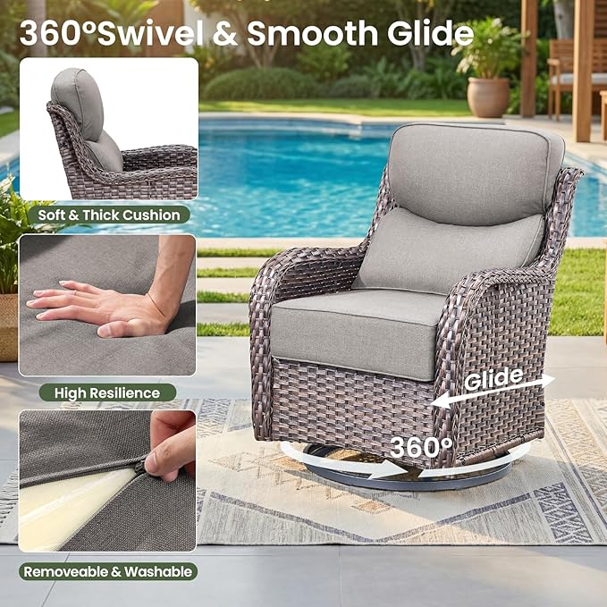 Luxury Patio Furniture Set with 6-inch Thick Cushion, Outdoor Furniture with Fire Pit Table, Swivel Chairs, Sofa, 4pcs Wicker Conversation Set for Deck Yard and Poolside(Grey)